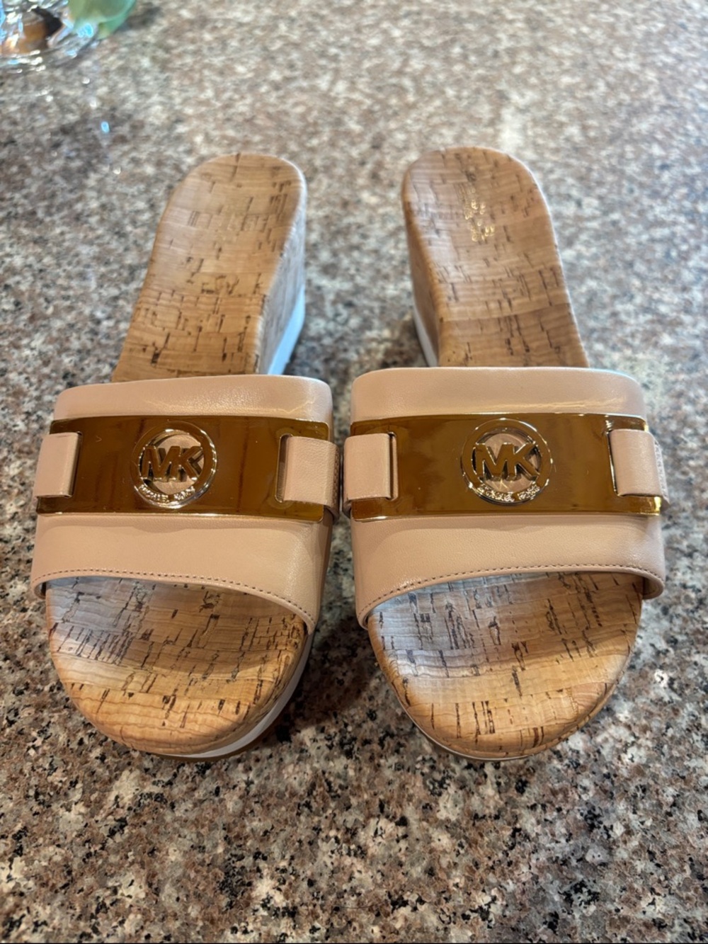Michael Kors Warren Nude Leather Cork Wedge Slide Sandals with Gold MK Medallion